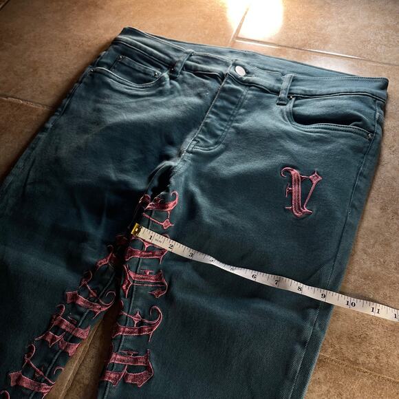 Valabasas Crotch Print Y2K Embroidered Teal Stacked Jeans - Picture 9 of 9